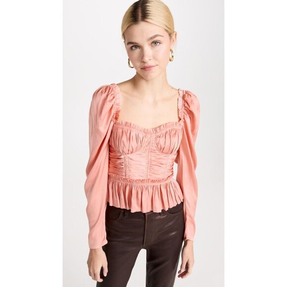 NWT ULLA JOHNSON Mia Tuberose Pink Plisse Satin Corset Peplum Blouse Top, Size 8 - Picture 1 of 16